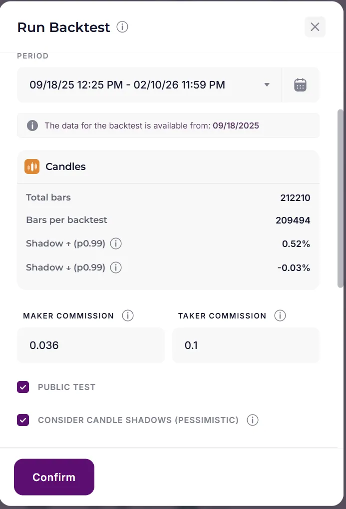 Veles Backtest Settings