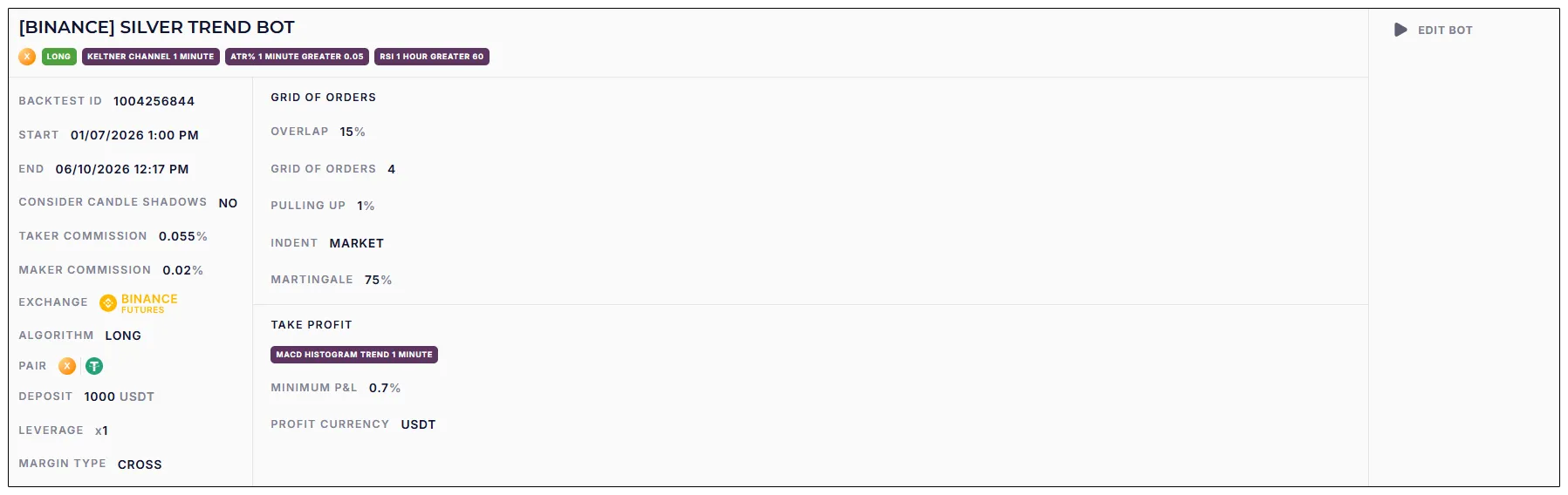 [BINANCE] SILVER TREND BOT settings