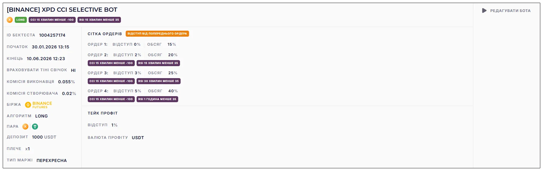 Налаштування бота [BINANCE] XPD CCI SELECTIVE BOT